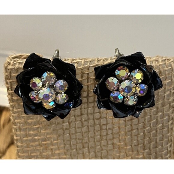 VTG Rhinestone Clip On Floral Earrings Black Enamel Aurora Borealis Whimsigoth - Picture 4 of 11